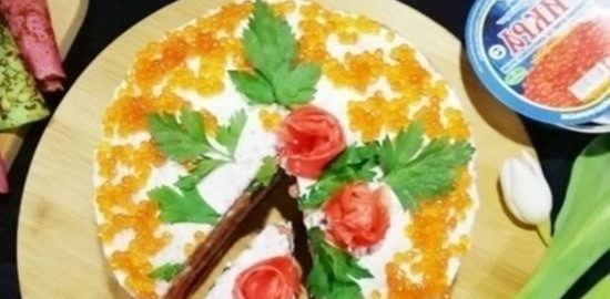 Блинный торт с форелью и красной икрой кулинарный рецепт